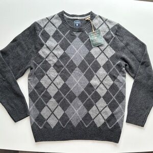 NWT Men's Argyle Gray Lambswool Sweater Hudson North New with Tags Wool L Large